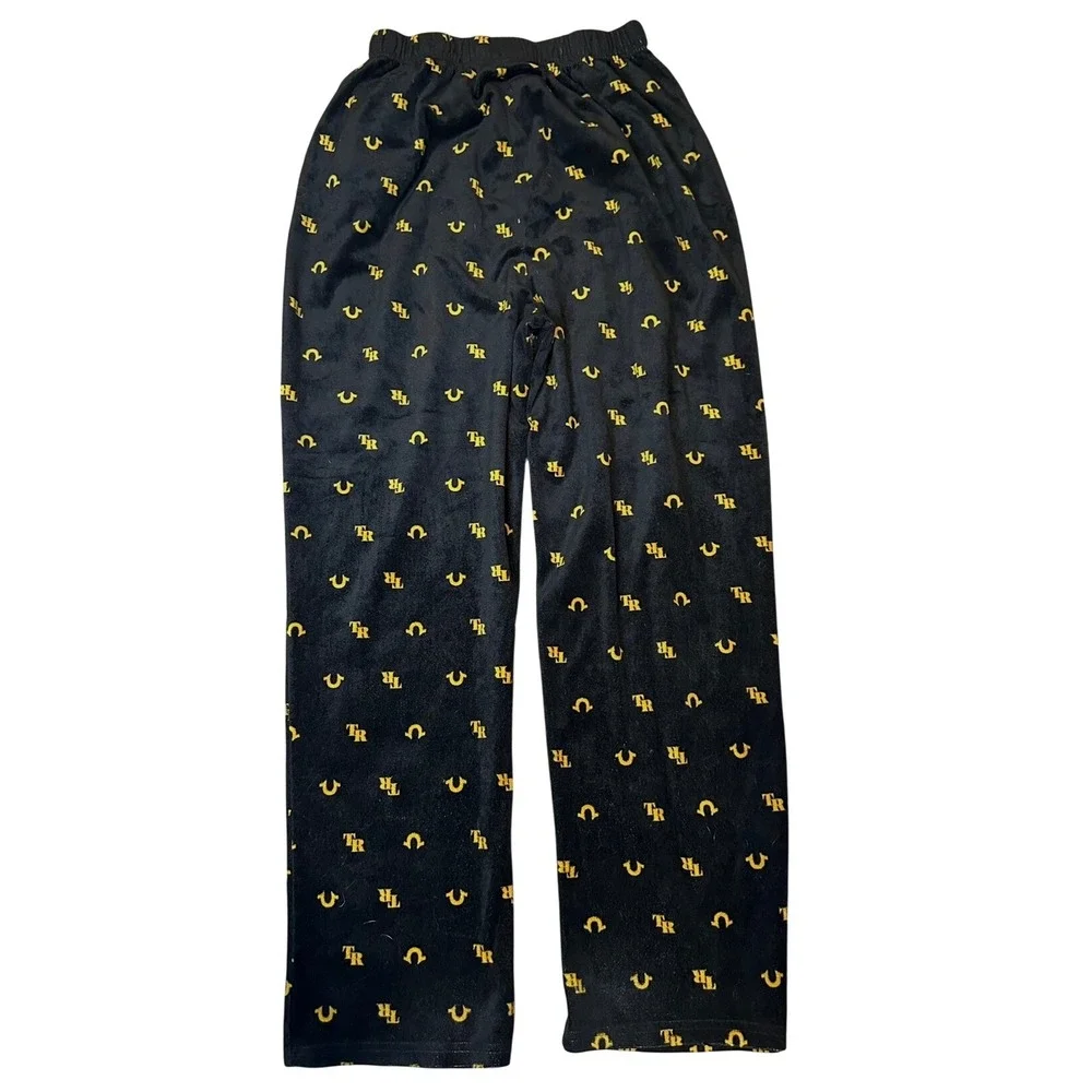 True‎ Religion Mens Fleece Lounge Pajama Pants Black Yellow Monogram Logo Large